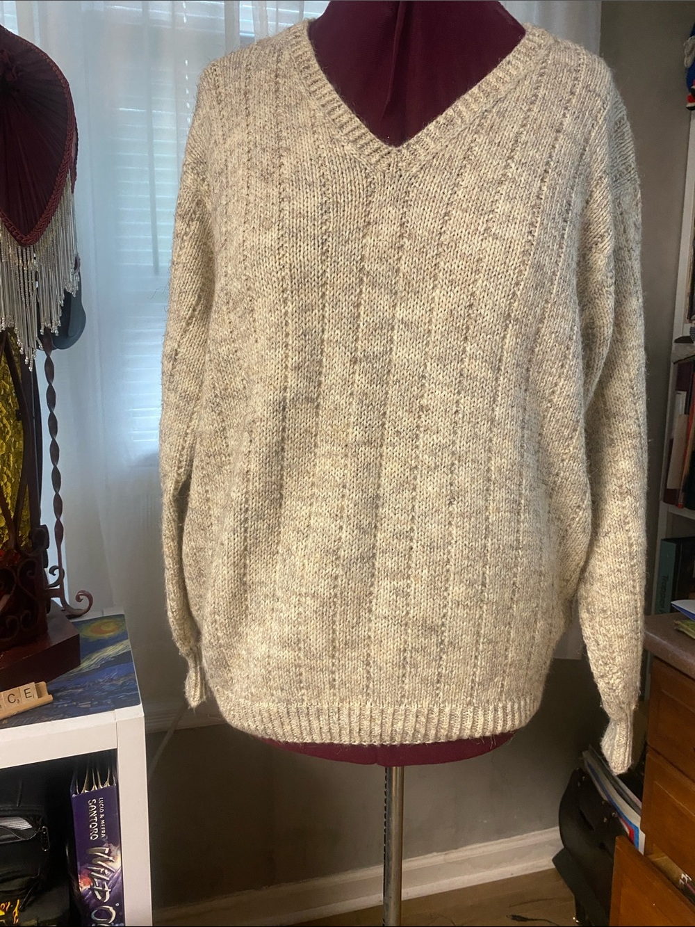 Men's Vintage Cream V-Neck Ribbed Knit Sweater 3XL